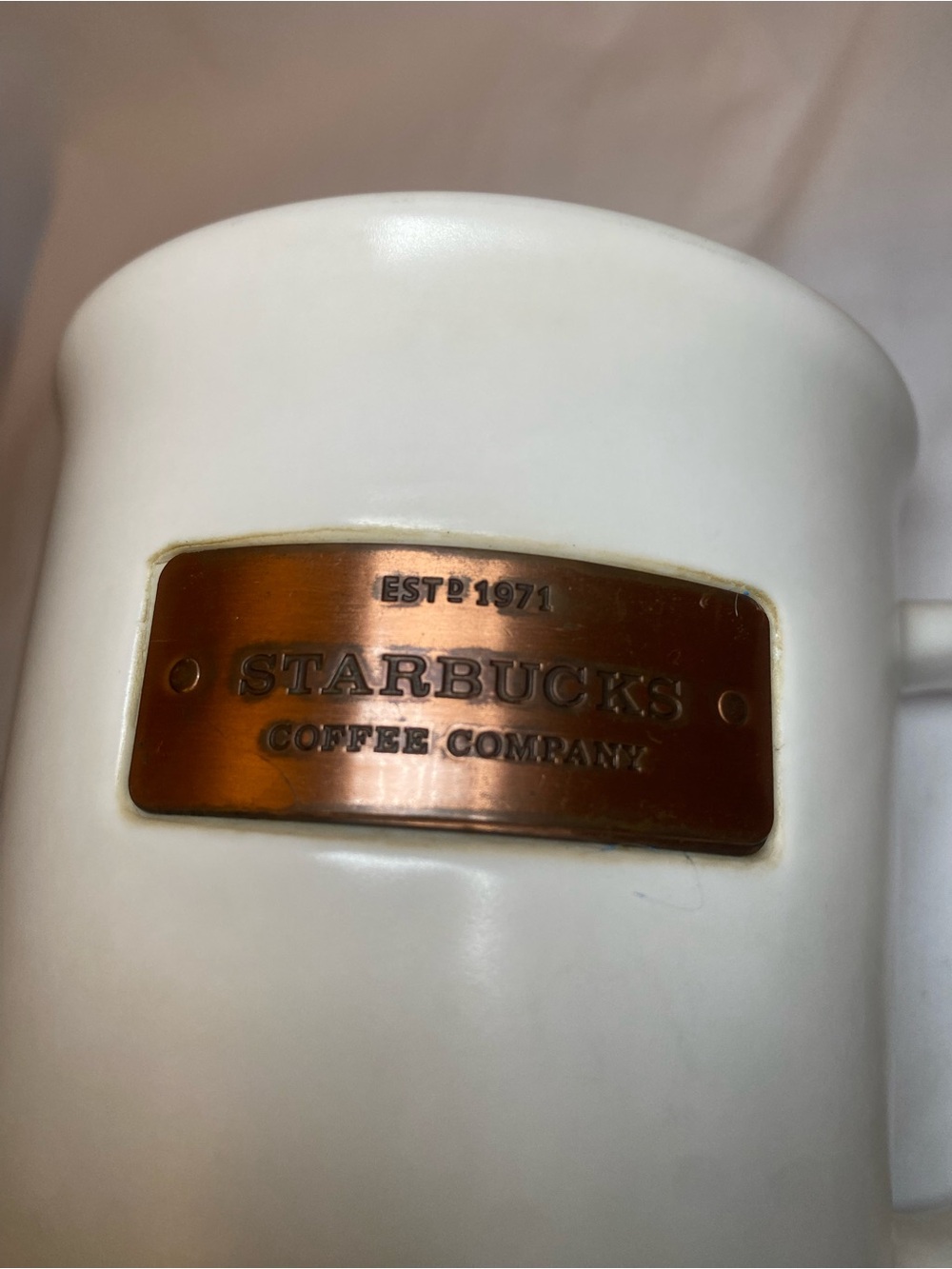 Starbucks White Ceramic Mug with Copper Accent Plaque - Picture 2 of 5